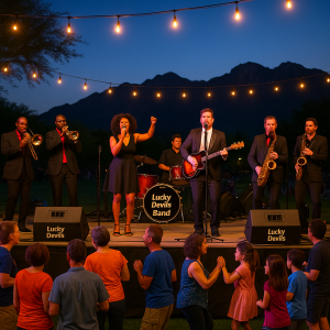 AI Representation of Lucky Devils Band at James Kriegh Park 4th of July Celebration. 