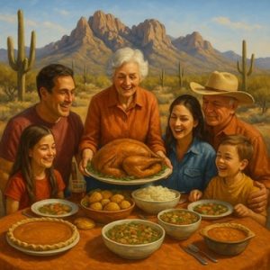 A multigenerational family around a rustic table, Pusch Ridge in the distance, saguaros framing the scene, warm desert light.