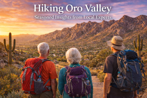 Panoramic view of Oro Valley hiking trails with Santa Catalina Mountains and saguaro cacti at sunrise
