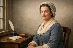 Portrait of Abigail Adams seated at her writing desk with quill pen, inkwell, and letters, wearing 18th century dress with lace cap and shawl, looking directly at viewer with intelligent, determined expression
