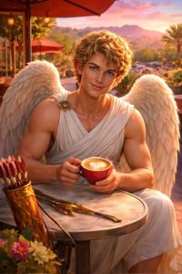 Cupid with golden curly hair and white wings sits at an outdoor cafe table with a heart-topped latte, golden arrows in quiver beside him, Catalina Mountains at sunset in background, Oro Valley Arizona