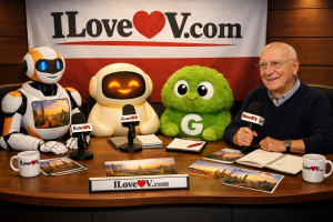 The Sonoran Art creative team poses at the ILoveOV.com broadcast desk: DALL-E, a white and orange AI robot with a Sonoran Desert landscape on its chest screen; Claude, a friendly cream-colored AI assistant with a glowing amber smile; Grammarly, a round green fluffy character with a white G, notepad and red pen nearby; and Michael, the Digital Composer and creative director, holding an ILoveOV.com microphone with desert reference photographs and a sketch pad on the table before them.