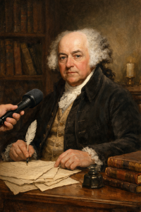 Portrait of John Adams in formal 18th century attire with powdered hair, seated at desk with quill pen, legal documents, and books, looking directly at viewer with stern, intelligent expression characteristic of his reputation as brilliant but difficult founding father