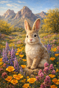 Easter Bunny portrait in Sonoran Desert spring landscape with blooming palo verde, golden poppies, and Pusch Ridge foothills of Oro Valley