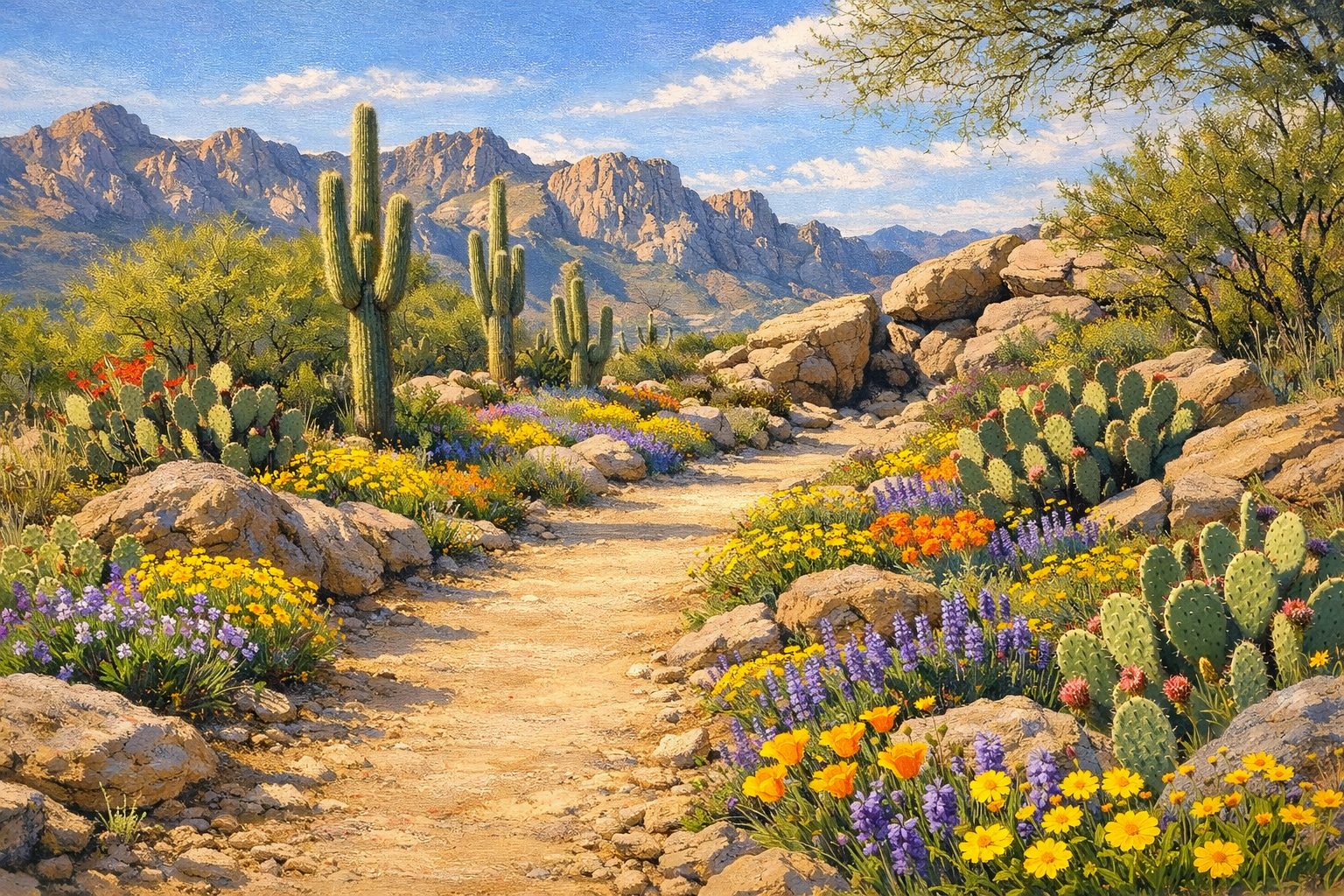 Spring wildflowers blooming along a desert trail with Pusch Ridge and the Santa Catalina Mountains in the background near Oro Valley Arizona