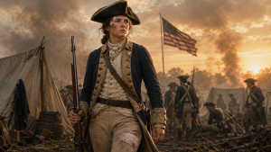 Deborah Sampson: Portrait of Deborah Sampson in Continental Army uniform as Robert Shurtliff, holding musket, wearing military coat and tricorn hat, first woman to receive full military pension for Revolutionary War combat s