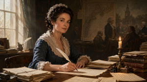 Mercy Otis Warren: Portrait of Mercy Otis Warren seated at her writing desk with letters and historical documents, wearing 18th century colonial dress, political writer and historian who documented the American Revolution in satirical plays and three-volume history