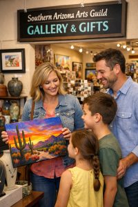 Family choosing original art at Southern Arizona Arts Guild Gallery in Oro Valley Arizona for Mother’s Day gift 
