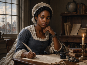 Phillis Wheatley: Portrait of Phillis Wheatley, enslaved African American poet, seated at writing desk with quill pen and manuscript, wearing 18th century dress and head wrap, first published Black poet in America who corresponded with George Washington