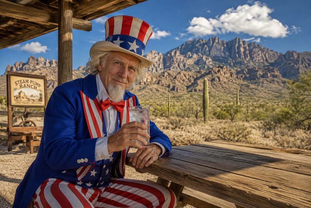Uncle Sam seated at an outdoor table in Oro Valley Arizona with saguaro cacti and the Santa Catalina Mountains behind him on a sunny July day