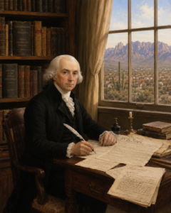 Portrait of James Madison seated at a writing desk with quill in hand, the Constitution's "We the People" preamble and Federalist Papers manuscripts before him, bookshelves of political history behind him, and Pusch Ridge and Oro Valley visible through the window